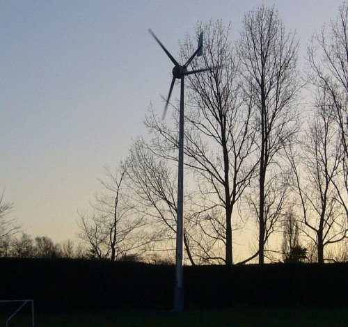A 5kW wind turbine was installed in August 2007 and stands on a 12 metre pole in the corner of the paddock